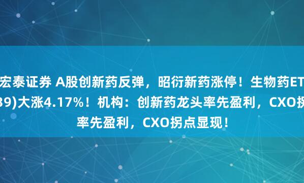 宏泰证券 A股创新药反弹，昭衍新药涨停！生物药ETF(159839)大涨4.17%！机构：创新药龙头率先盈利，CXO拐点显现！